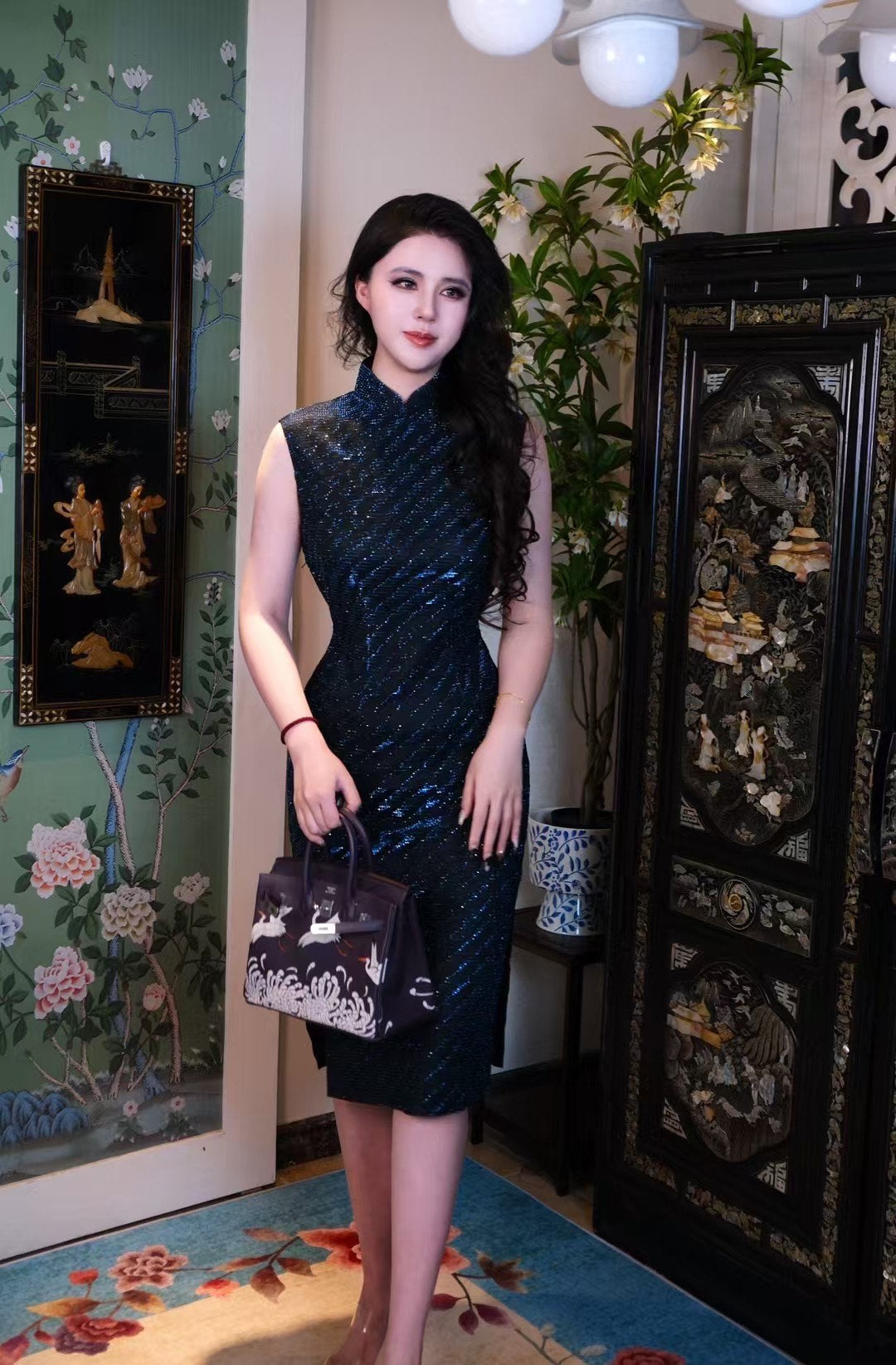 60年代 - 夜阑星辰•黛青亮片丝绒无袖高开衩修身旗袍 | 1960s - Celestial Midnight: Sequined Teal-Black Velvet Sleeveless High-Slit Cheongsam