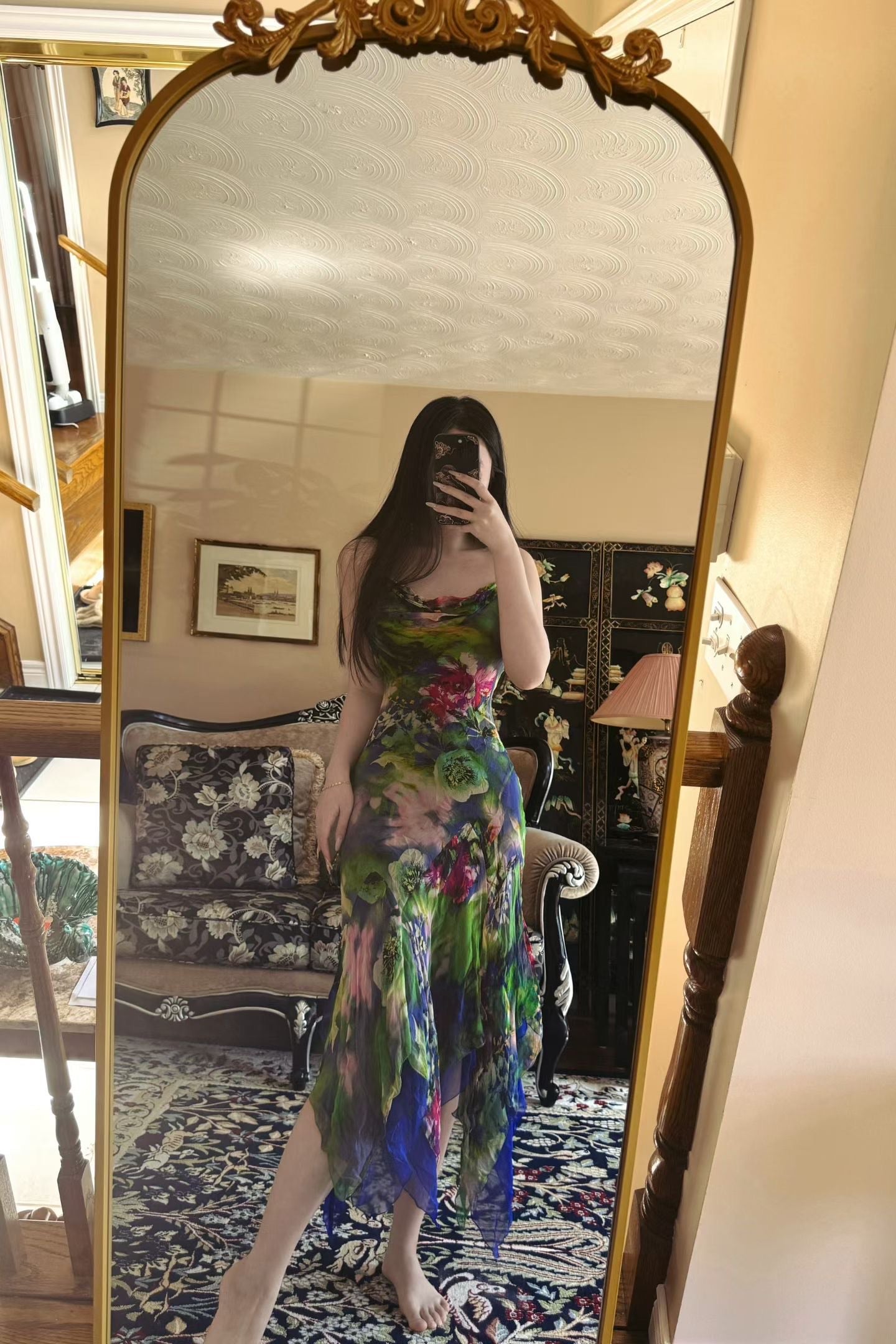 Vintage真丝礼服- 熱帶雨林印花垂領設計,不規則下擺雪紡細肩帶長裙 / Vintage Diane Fries Dress- Tropical Watercolor Print Cowl Neck Asymmetrical Hem Chiffon Slip Dress