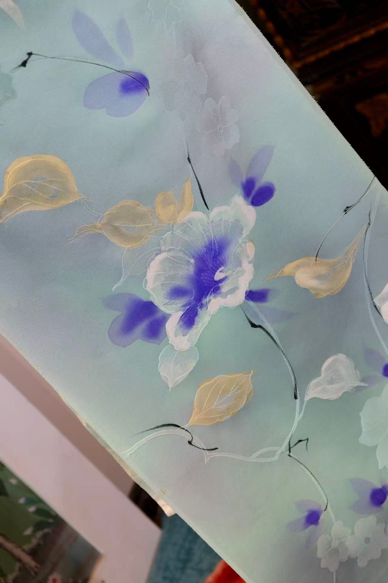 布料名 - 碧湖幽兰 · 湖水绿渐变手绘晕染艺术真丝绸 | Fabric Name - Ethereal Lake Orchid: Artisanal Hand-Painted Silk in Gradient Lake-Green