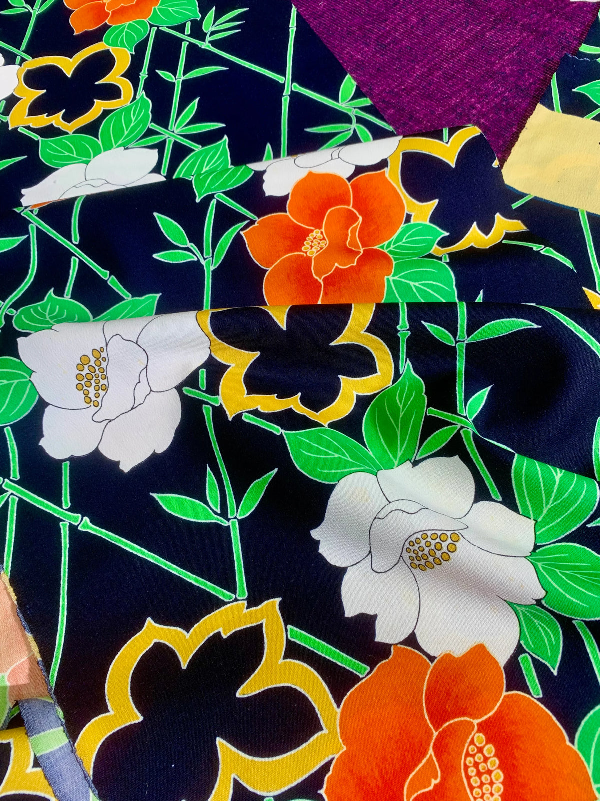 藏青翠竹茶梅印花真丝面料 | Indigo Bamboo & Camellia Printed Silk Fabric
