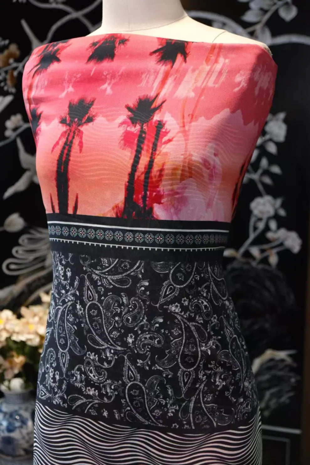 落日椰影 · 几何拼色真丝面料 | Sunset Palms - Colorblock Silk Fabric