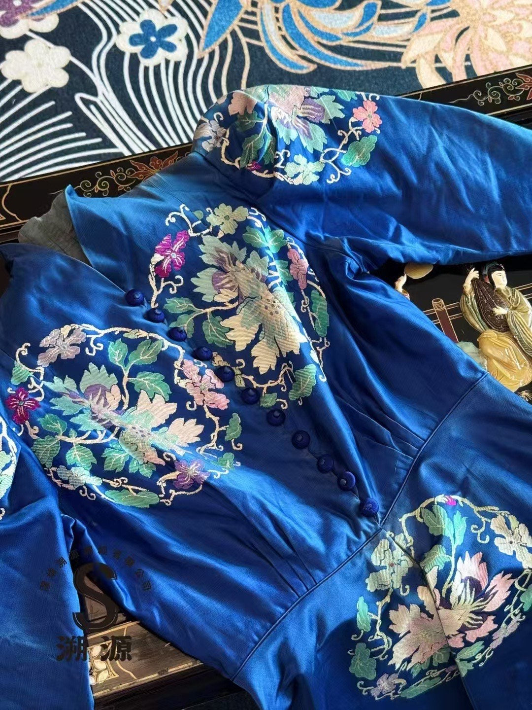 Vintage 长裙 - 👑 宝蓝回溯:清代典藏面料30s羊腿袖复古宫廷长礼服 | Vintage Maxi Dress - "Royal Blue Retrospect": Qing Dynasty Archival Fabric 30s Leg-of-Mutton Sleeve Vintage Court Long Gown