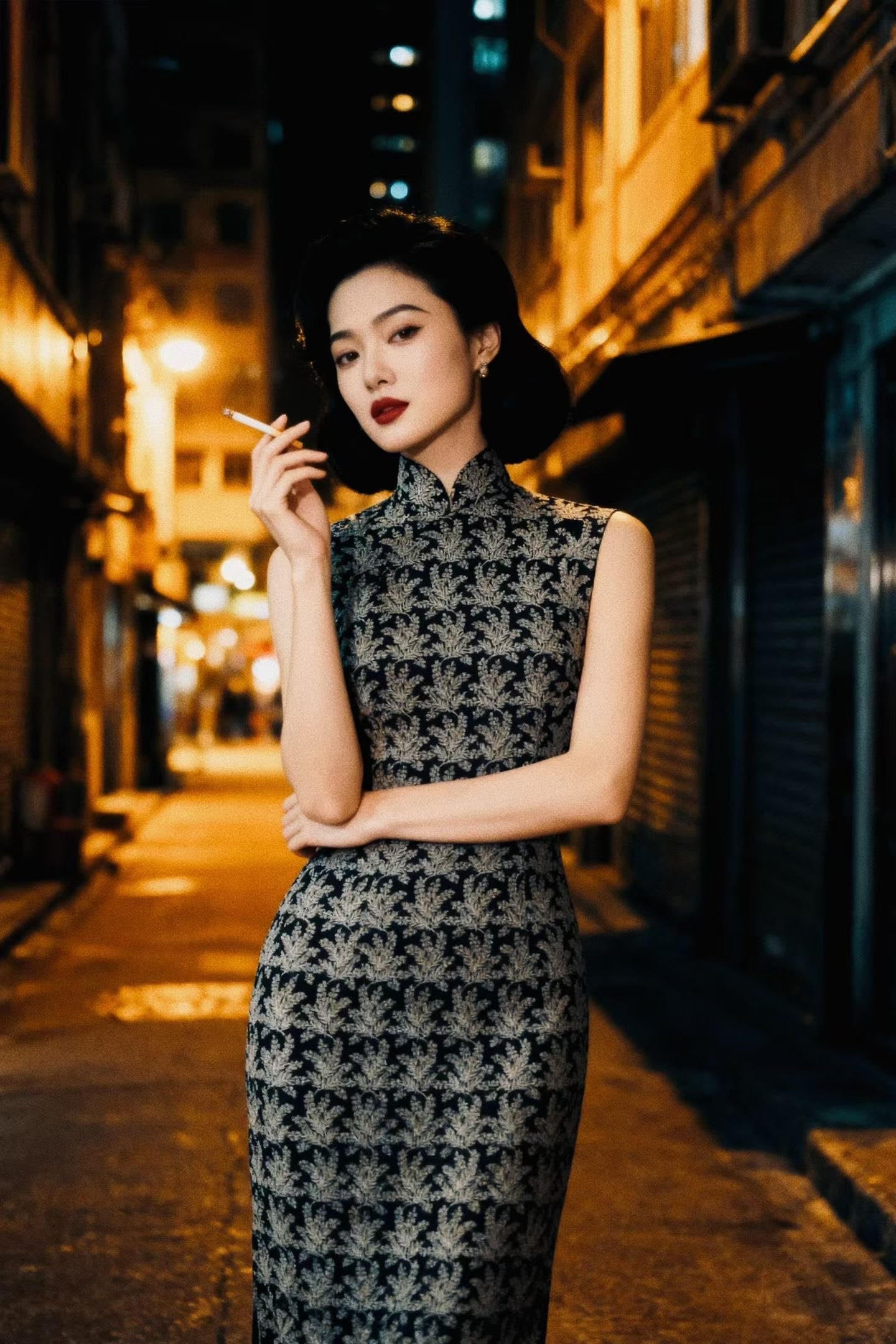 60年代 - 「墨纱为骨,蕾丝作绣」:六十年代机绣蕾丝抽象植物纹古董港式旗袍 / 1960s - "Ink Tulle & Lace Cipher": A 1960s Hong Kong Vintage Qipao with Machine-Embroidered Lace and Abstract Botanical Motifs