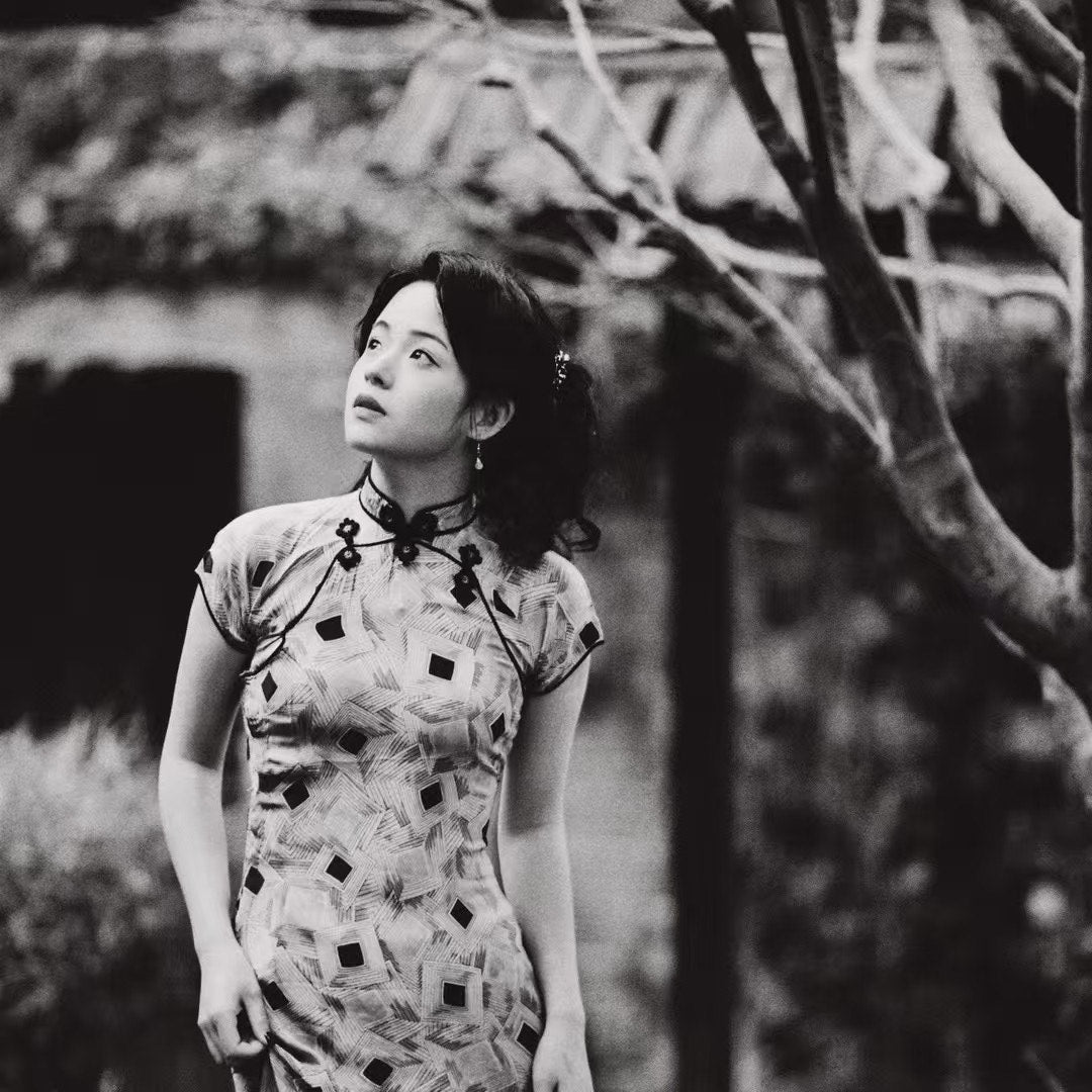 30年代 - ‘紫菱幻境’·民国摩登Art Deco几何印花双襟花扣古董短袖旗袍 / 1930s - ‘Violet Illusion’·Late 1930s Art Deco Geometric Print Double-Placket Floral-Button Antique Cap-Sleeve Qipao