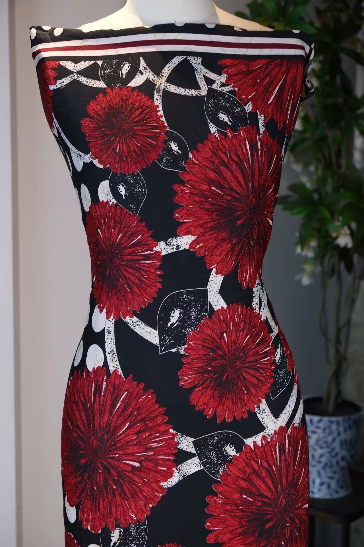 布料名 - “绯红波普之圆：六十年代幻影下的重瓣大丽花真丝艺术面料” | Fabric Name - "Scarlet Pop Circles: 1960s Visionary Dahlia & Polka Dot Artisan Silk Fabric"