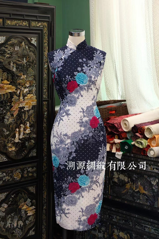 60年代 - 波普撞色：黑白撞色波点印花无袖摩登旗袍 | 1960s - A Mod/Pop Art Style Sleeveless Qipao/Cheongsam with Color-Block Polka Dot and Vivid Floral Print