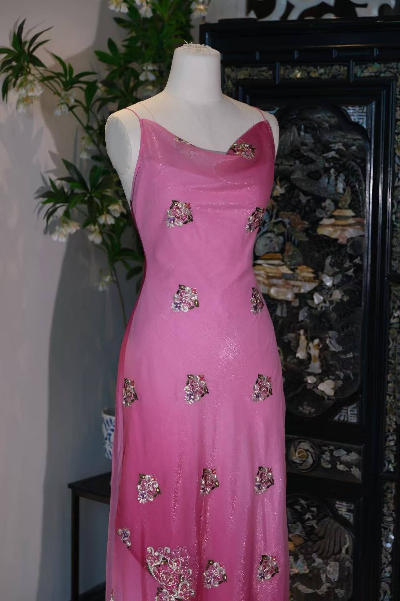 高定成衣 - 1930年代复古风织金提花雪纺斜裁礼服 | 真丝内衬吊带长裙 | Luxury Ready-to-Wear (RTW) - 1930s Vintage style Gold Jacquard Chiffon Bias Cut Gown | Silk Lined Slip Dress