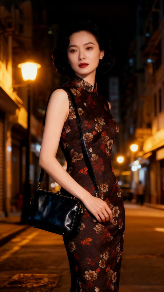 60年代 -「夜幕繁花」：六十年代台湾产满织银咖啡地繁花古董旗袍 / 1960s - "Midnight Blossoms": A 1960s Taiwanese Vintage Qipao with Full Lurex-Woven Dark Floral Print