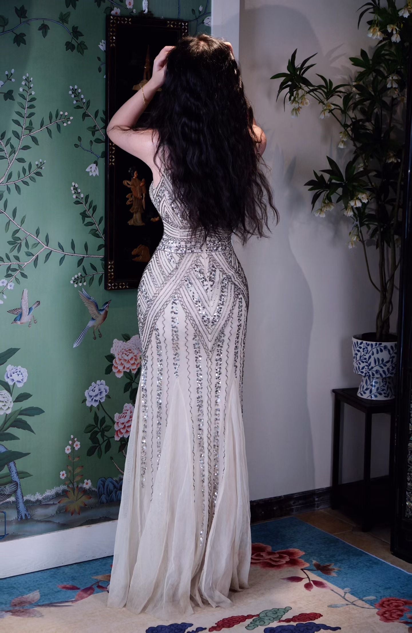 Vintage钉珠礼服👗- 流光溢彩九十年代复古鱼尾晚礼服：香槟米金色手工钉珠刺绣吊带修身长裙 / Vintage Beaded Dress - Glimmering Art Deco Mermaid Evening Gown: Champagne Beige Hand-Beaded Embroidery Spaghetti Strap Fitted Maxi Dress