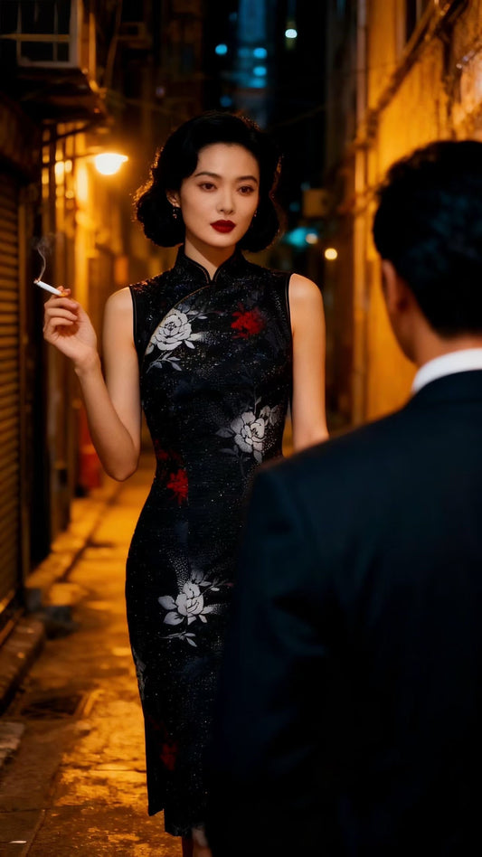 60年代 - 「暗夜摩登」：五十年代彩通植绒渐变牡丹织银香港产古董旗袍 / 1960s - "Midnight Modernity": A 1950s Hong Kong Vintage Qipao with Pantone-Inspired Flocked Velvet Peony and Lurex Detailing