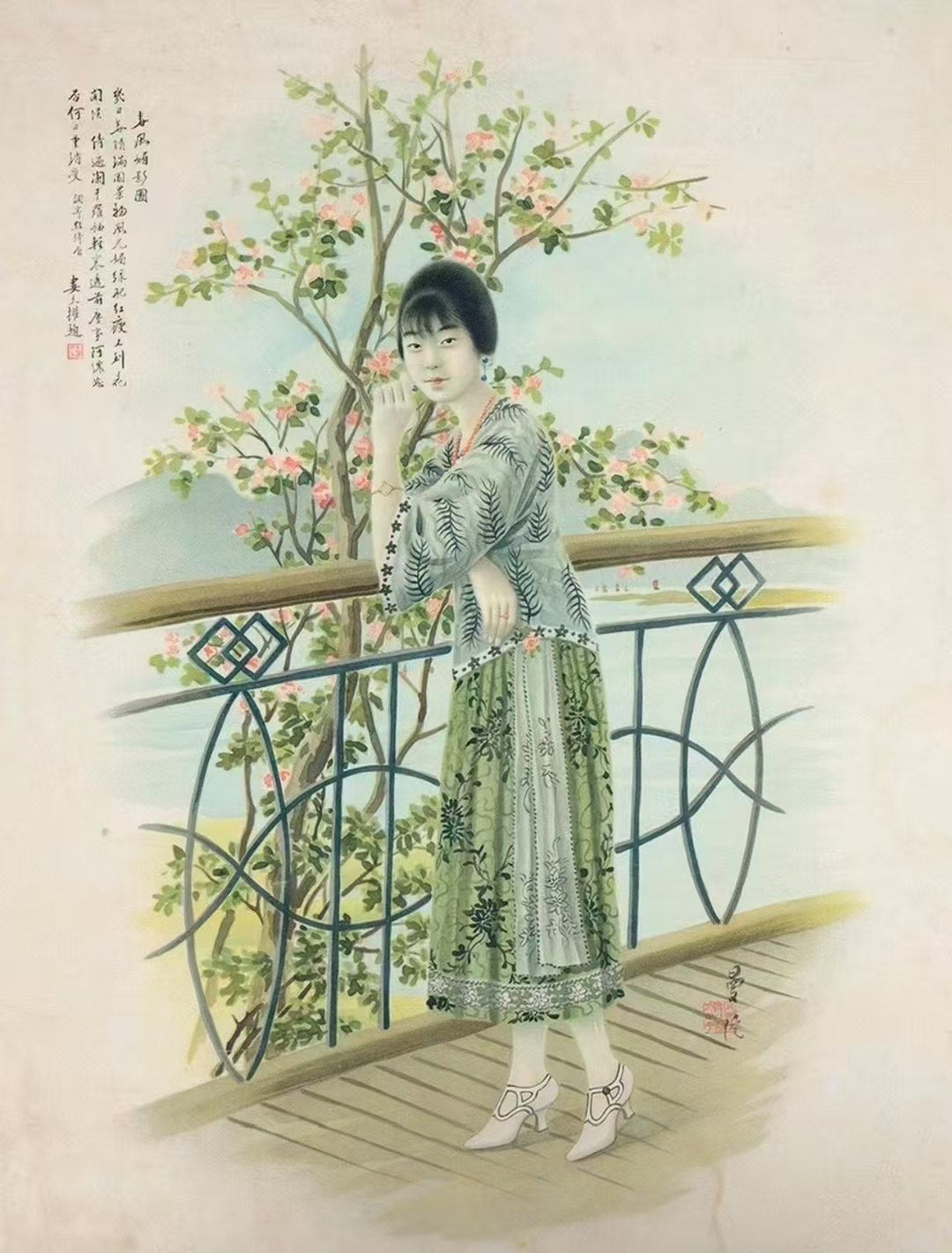 20年代 - ‘湖光春晓’·民国二十年代浅蓝地提花丝绸水墨晕染花卉圆摆花边倒大袖古董上衣 / 1920s - ‘Lake Spring Dawn’·1920s Republic-Era Light-Blue Jacquard Silk Floral Ink-Wash Print Peplum Antique Short Jacket/Top with Petal Cuffs