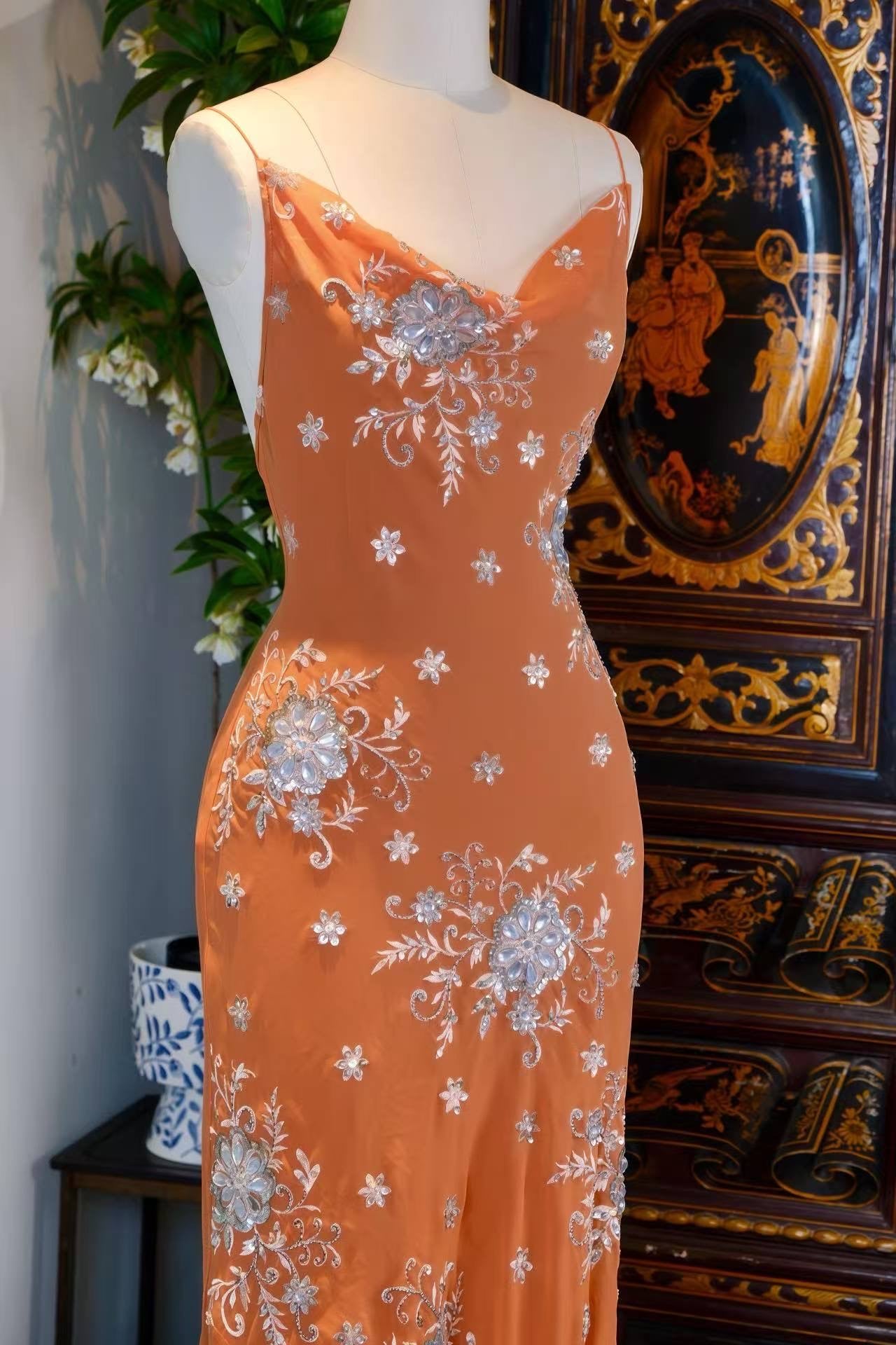 高定成衣 - 1930年代复古好莱坞风手工钉珠真丝斜裁晚礼服 | Luxury Ready-to-Wear (RTW) - 1930s Vintage style beaded sequined evening old Hollywood Silk Bias Cut Gown