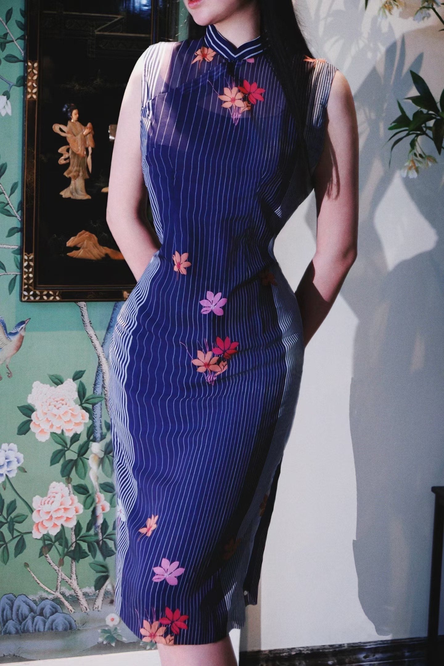 60年代 - 蔚蓝海岸的遐想：Vintage 60年代老钱风海军蓝条纹挖胸薄纱古董旗袍 / 1960s - Reveries of the Côte d'Azur: Vintage 60s Old Money Navy Stripe Sheer Yoke Antique Cheongsam