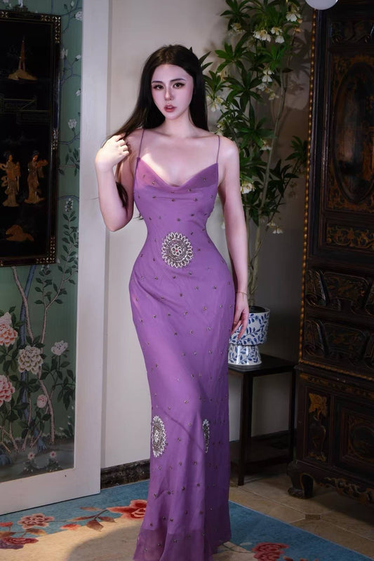 高定成衣 - 1930年代复古风华：老好莱坞系列紫色真丝手工钉珠斜裁晚礼服 | Luxury Ready-to-Wear (RTW) - 1930s sequined beaded vintage style Inspired Purple Silk bias cut old Hollywood goodness Gown