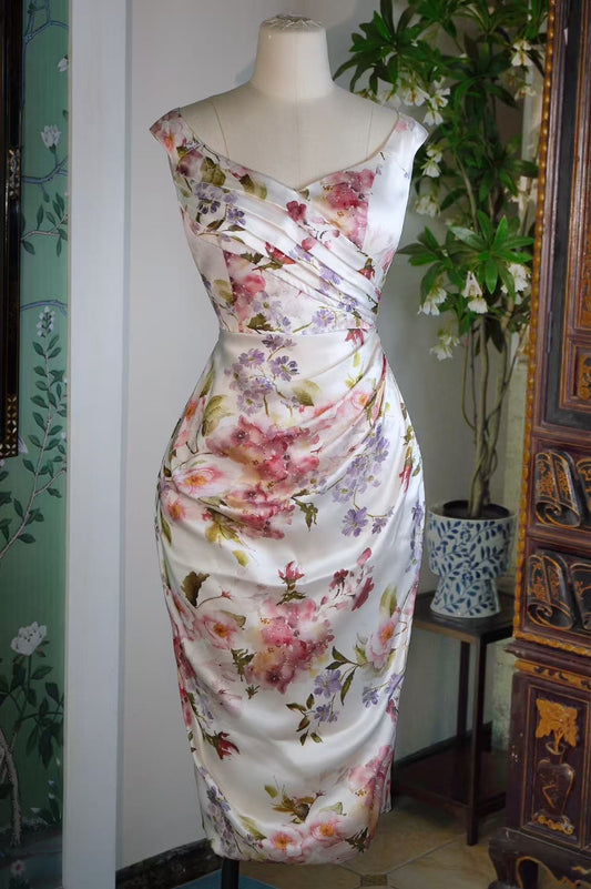 客订结缘 -《莫奈花影》—— 水彩暈染絲綢褶皺定製中長裙（50年代復古剪裁版）| Customized Design - "Monet’s Floral Shadow" — Bespoke Watercolor Silk Satin Draped Midi Dress (1950s Vintage Tailoring Edition)