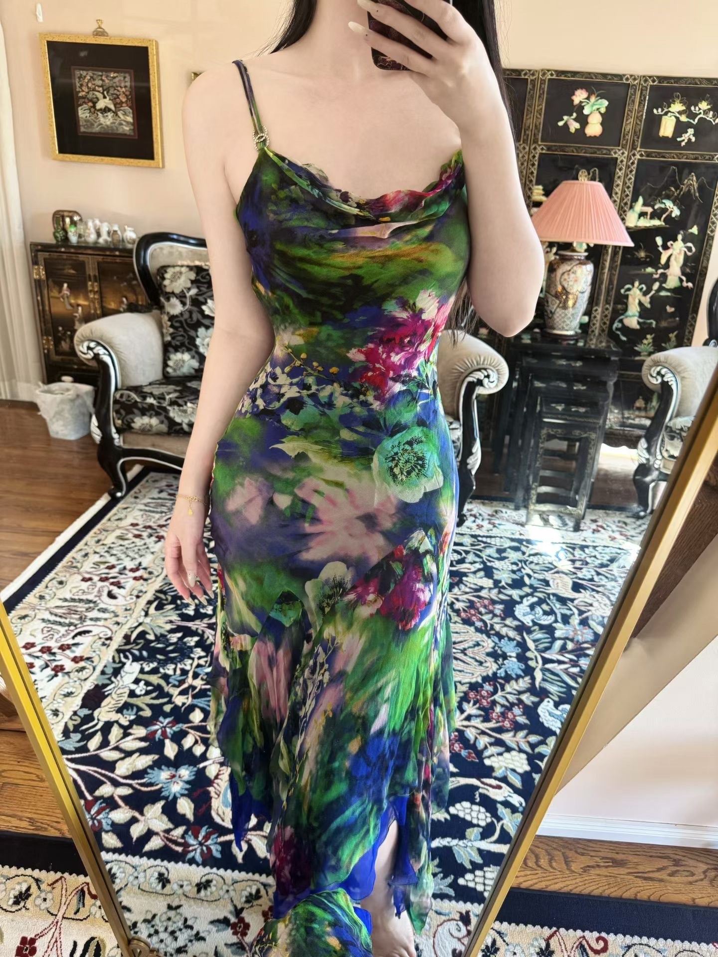 Vintage真丝礼服- 熱帶雨林印花垂領設計，不規則下擺雪紡細肩帶長裙 / Vintage Diane Fries Dress- Tropical Watercolor Print Cowl Neck Asymmetrical Hem Chiffon Slip Dress
