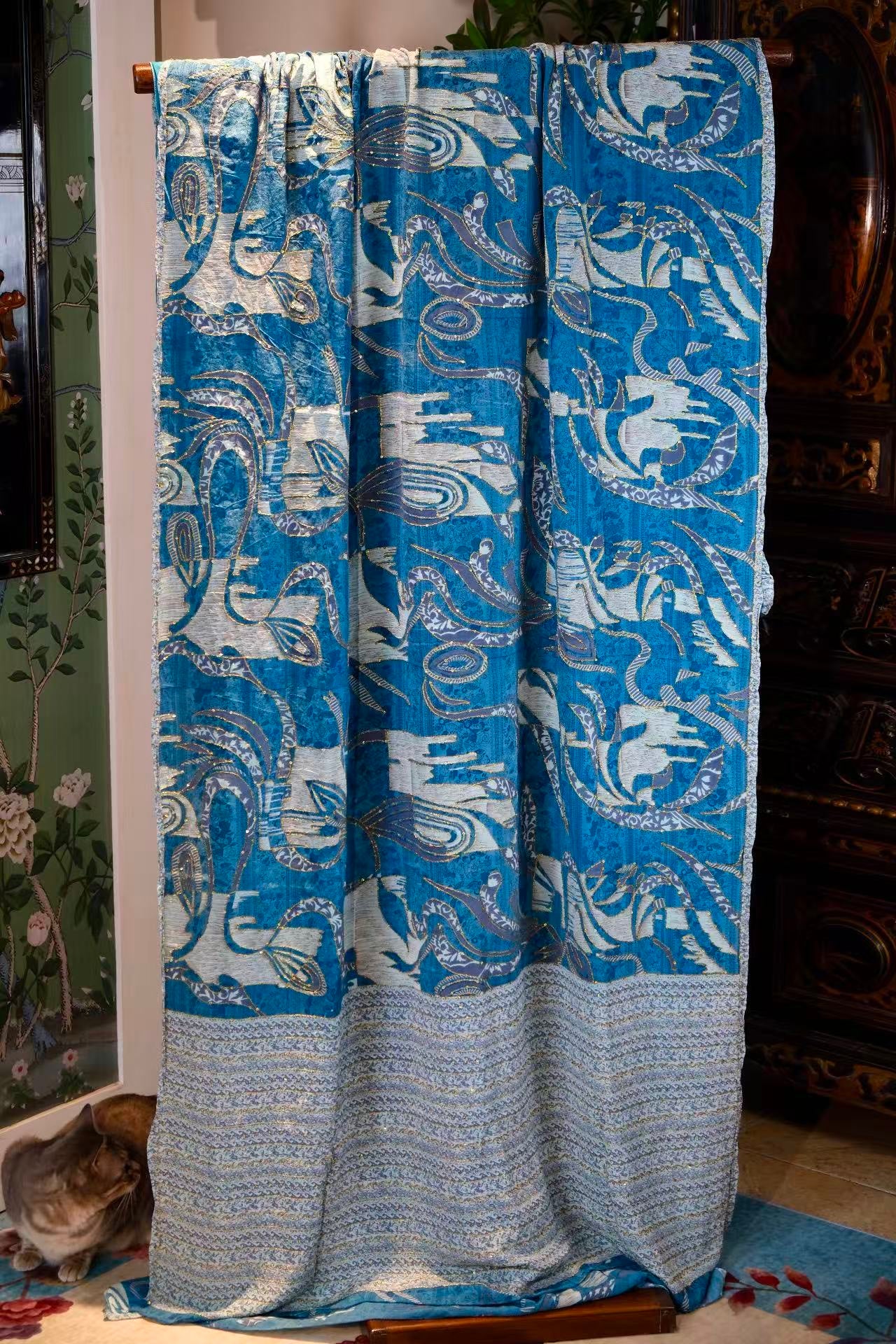 布料名 - 《莫奈幽径：孔雀绿底重工桑蚕丝——油彩繁花艺术面料》 | Fabric Name - Monet’s Hidden Path: Peacock Green Mulberry Silk — Oil-Canvas Floral Artistic Fabric