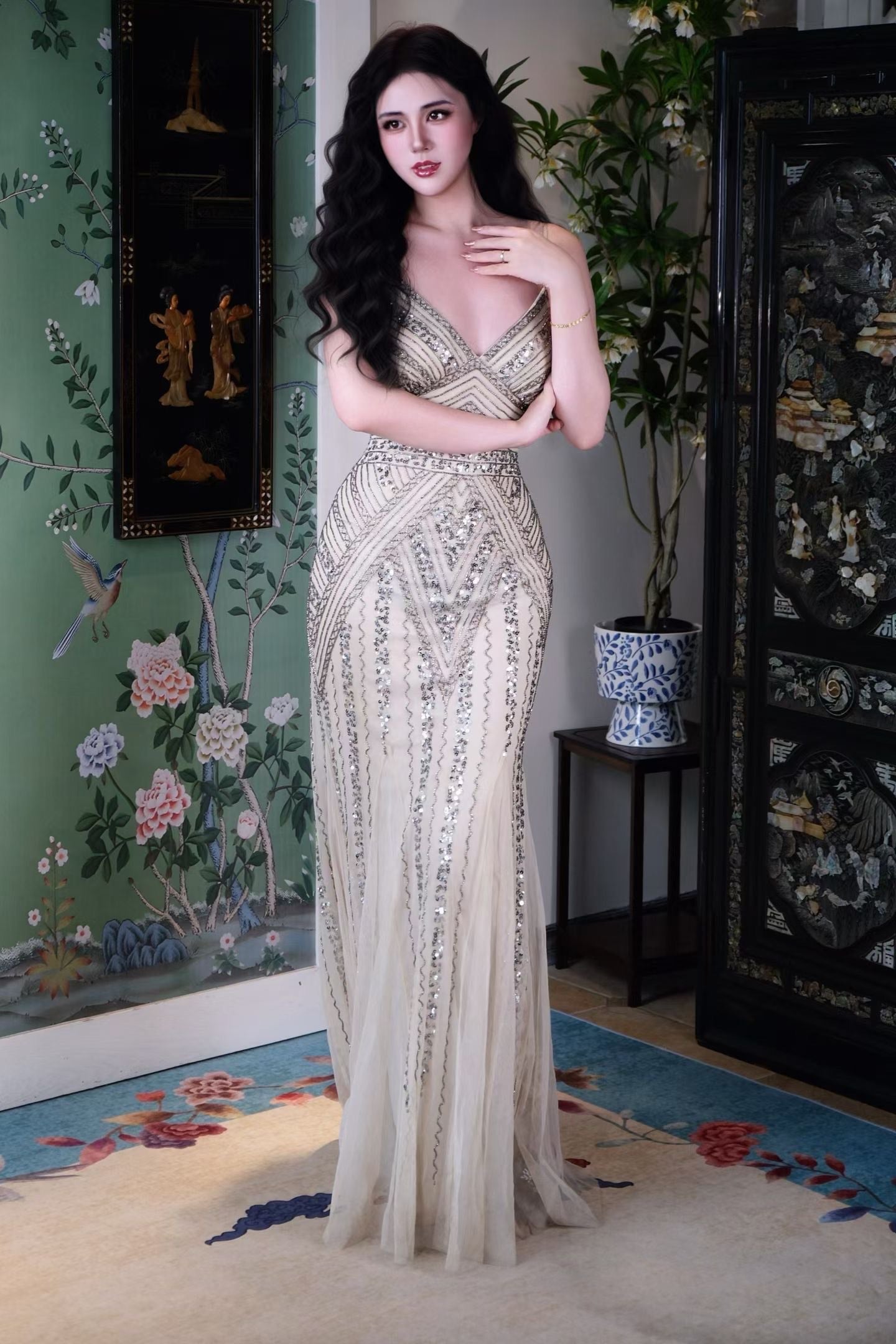 Vintage钉珠礼服👗- 流光溢彩九十年代复古鱼尾晚礼服：香槟米金色手工钉珠刺绣吊带修身长裙 / Vintage Beaded Dress - Glimmering Art Deco Mermaid Evening Gown: Champagne Beige Hand-Beaded Embroidery Spaghetti Strap Fitted Maxi Dress