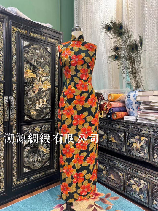 60年代 - 摩登花火图腾 · 金丝织锦长款旗袍 | 1960s - Modern Floral Fire Totem · Gold Thread Brocade Long Qipao