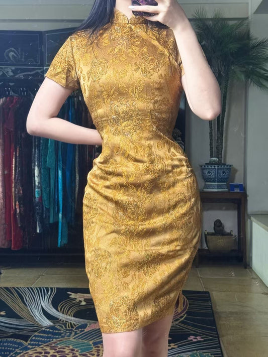 50年代 - 黃金時代・香檳金・織金玫瑰・浮雕花紋古董港式旗袍 / 1950s - The Golden Age - Champagne Gold Brocade Rose - Old Money Antique Hong Kong Qipao