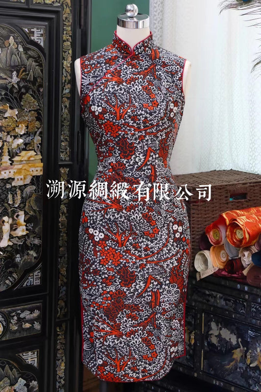 60年代 - 摩登珍藏：黑红白三色抽象花卉无袖修身旗袍（高对比度）| 1960s - Mod Collection: High-Contrast Black, Red & White Abstract Floral Sleeveless Sheath Qipao