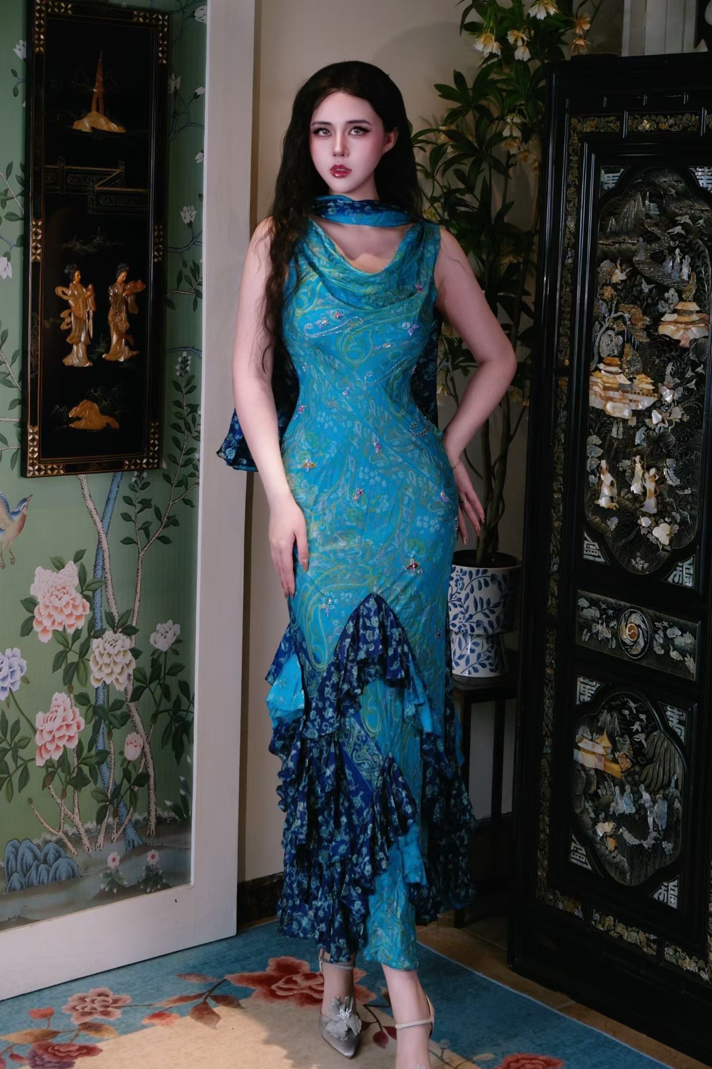 高定成衣 -「海藍蝶舞・復古佩斯利」垂墜領口荷葉魚尾晚禮服 / Luxury Ready-to-Wear (RTW) - "Ocean Azure Butterfly Dance・Vintage Paisley" Cowl Neck Ruffled Mermaid Evening Gown