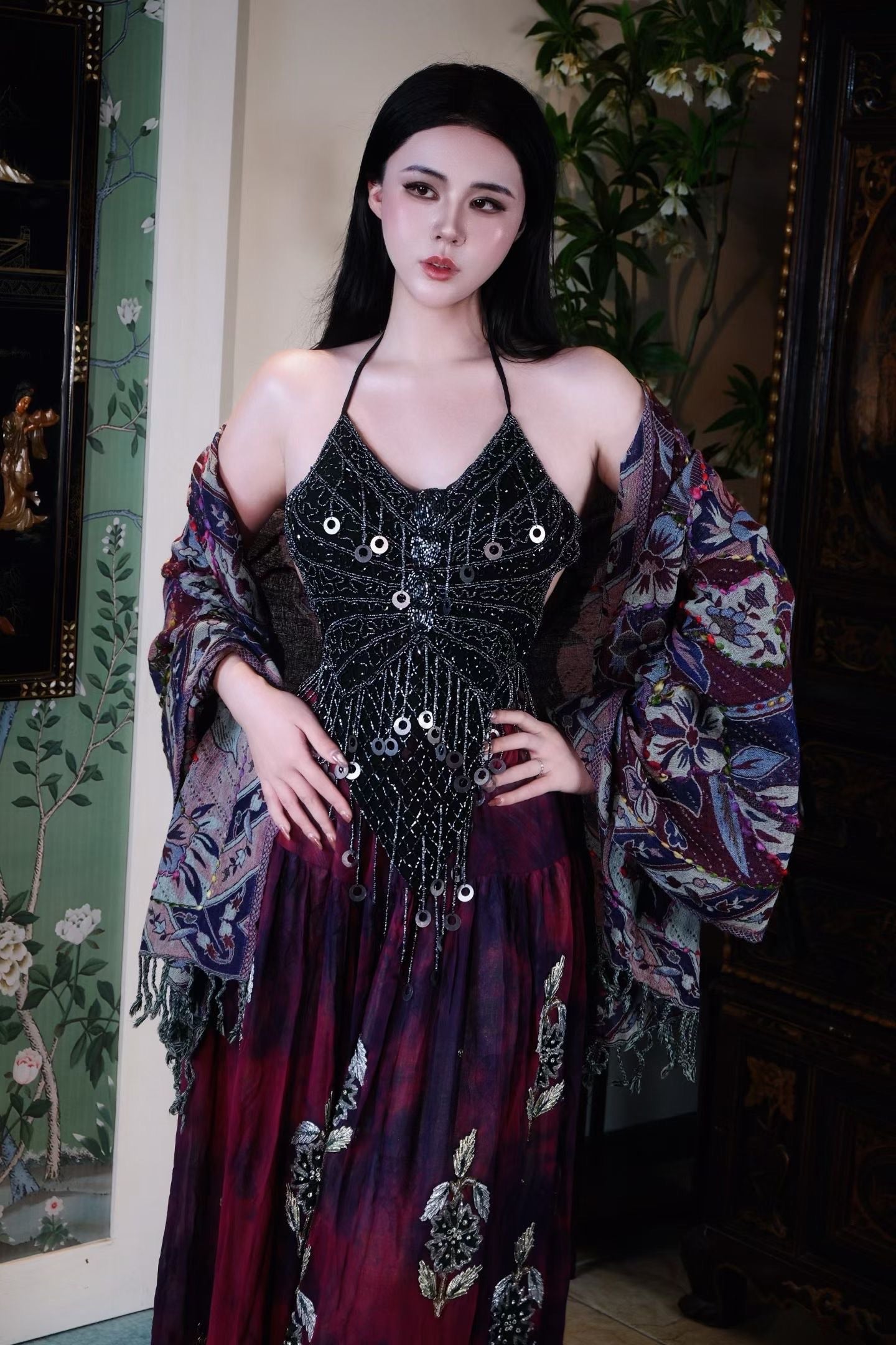 Vintage 复古奢华三件套 - 手工亮片吊带+扎染流苏长裙+卡什米尔羊毛外披 | Vintage Retro Luxury Three-Piece Set: Hand-Sequined Camisole + Tie-Dye Fringed Maxi Skirt + Cashmere Wool Wrap