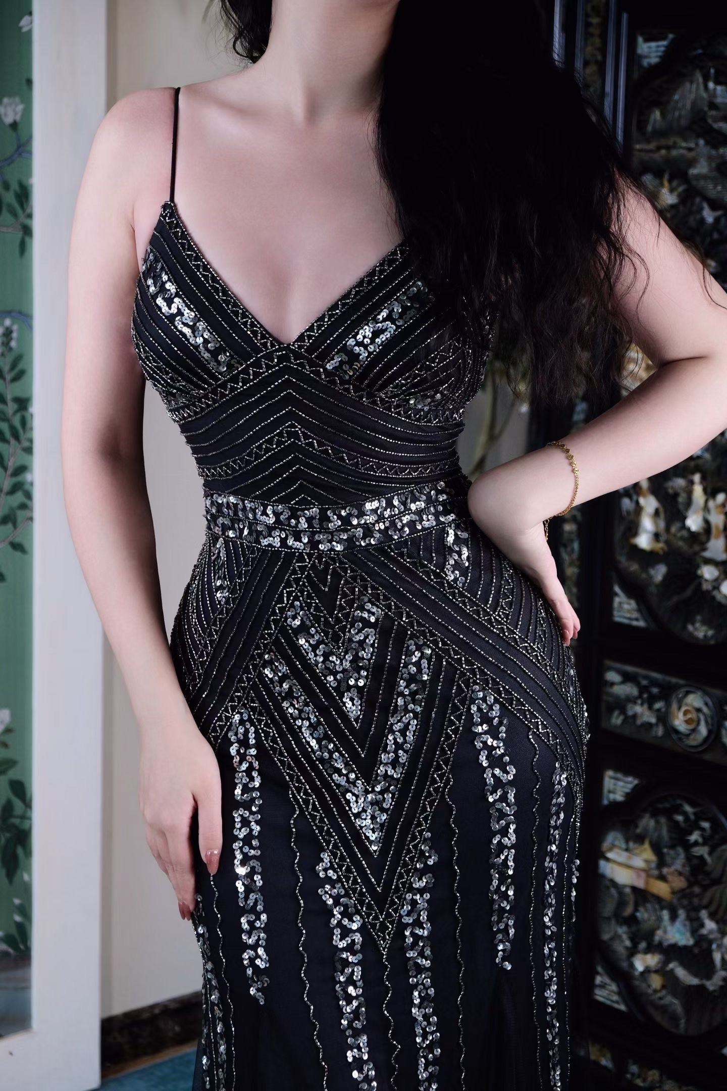 Vintage钉珠礼服- 「暗夜星辰・裝飾藝術」重工幾何圖案珠繡魚尾晚禮服 / Vintage Beaded Dress- "Midnight Starlight・Art Deco Glamour" Heavily Beaded Geometric Pattern Mermaid Gown