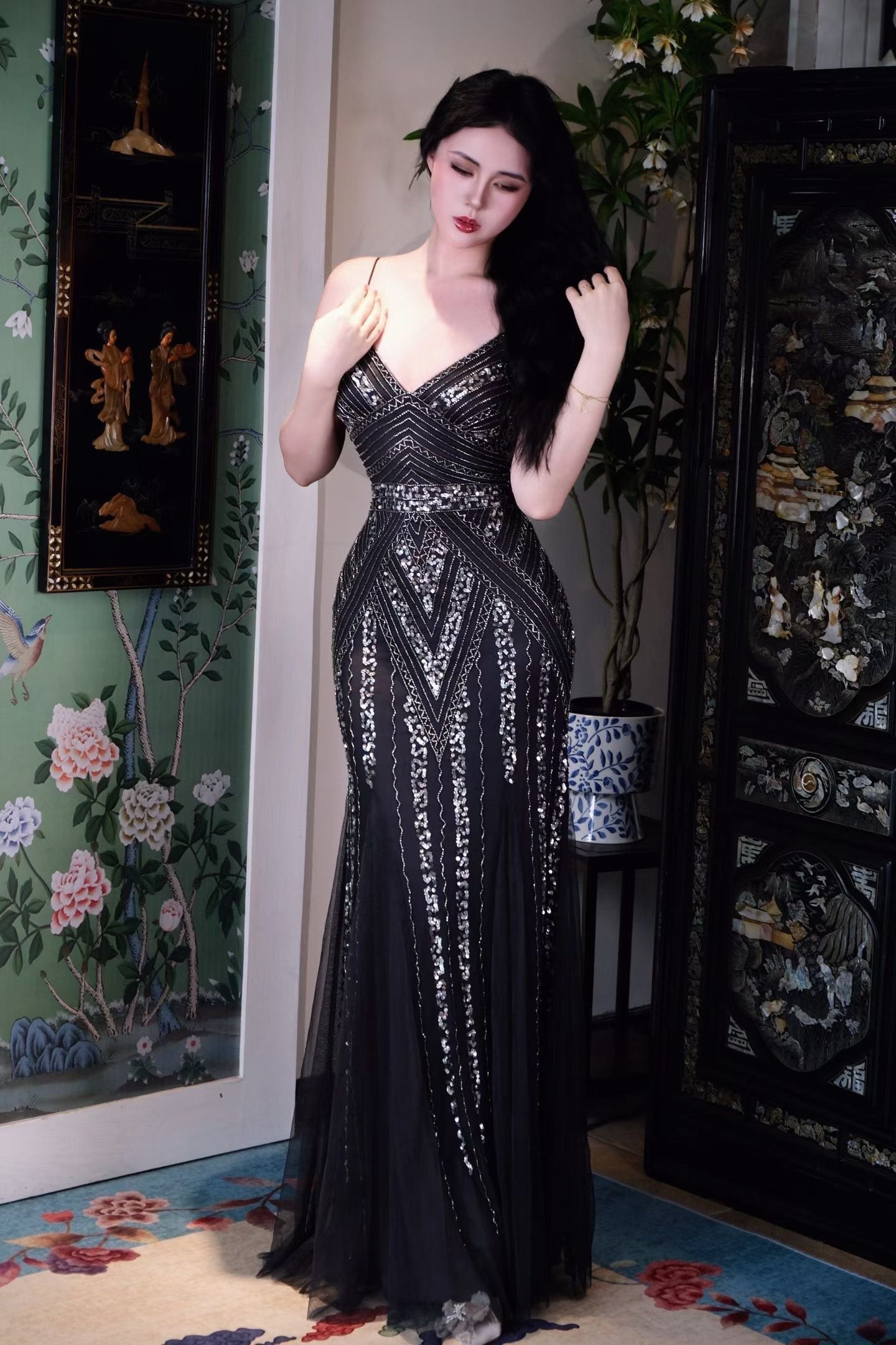 Vintage钉珠礼服- 「暗夜星辰・裝飾藝術」重工幾何圖案珠繡魚尾晚禮服 / Vintage Beaded Dress- "Midnight Starlight・Art Deco Glamour" Heavily Beaded Geometric Pattern Mermaid Gown