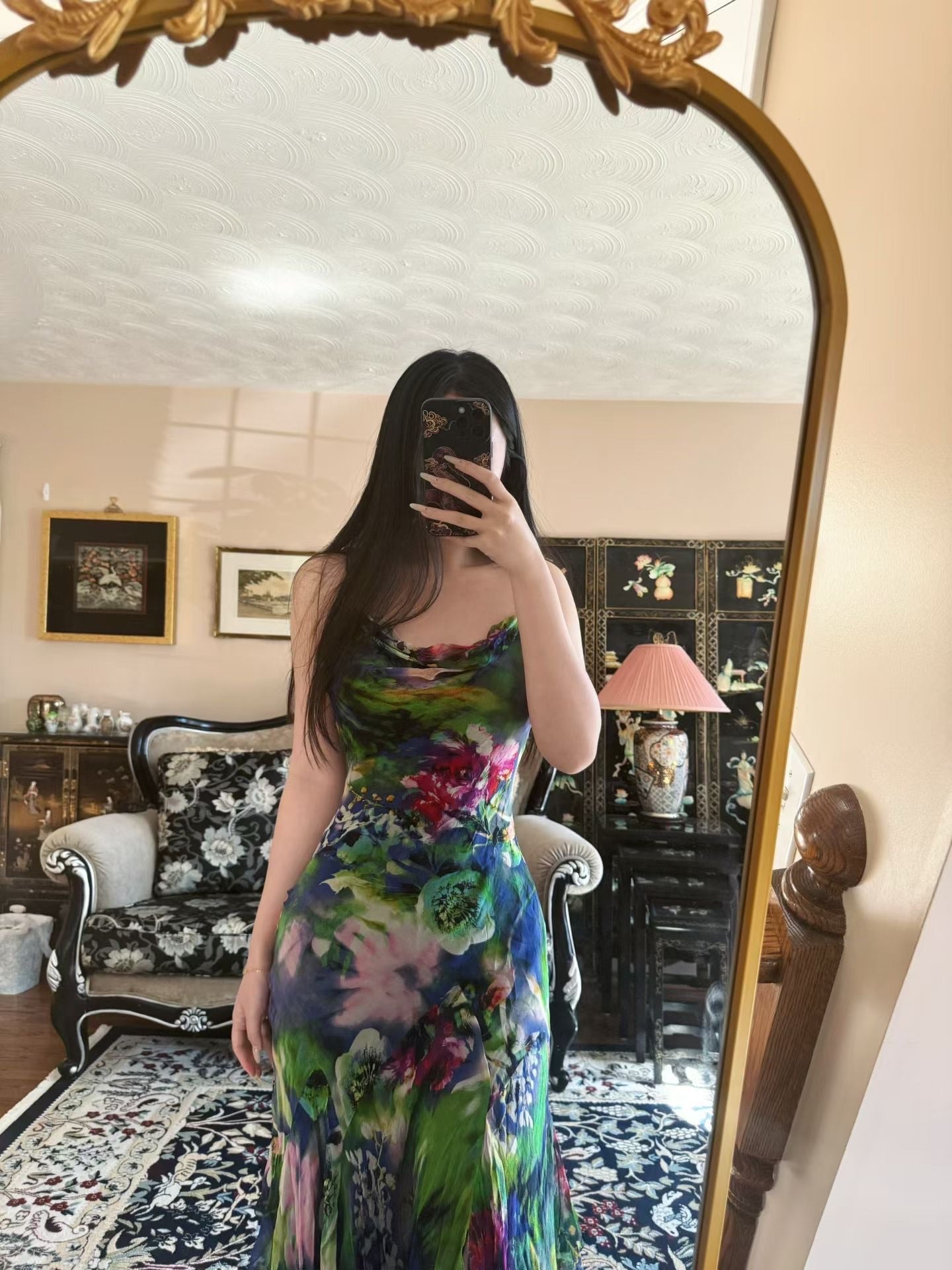 Vintage真丝礼服- 熱帶雨林印花垂領設計，不規則下擺雪紡細肩帶長裙 / Vintage Diane Fries Dress- Tropical Watercolor Print Cowl Neck Asymmetrical Hem Chiffon Slip Dress