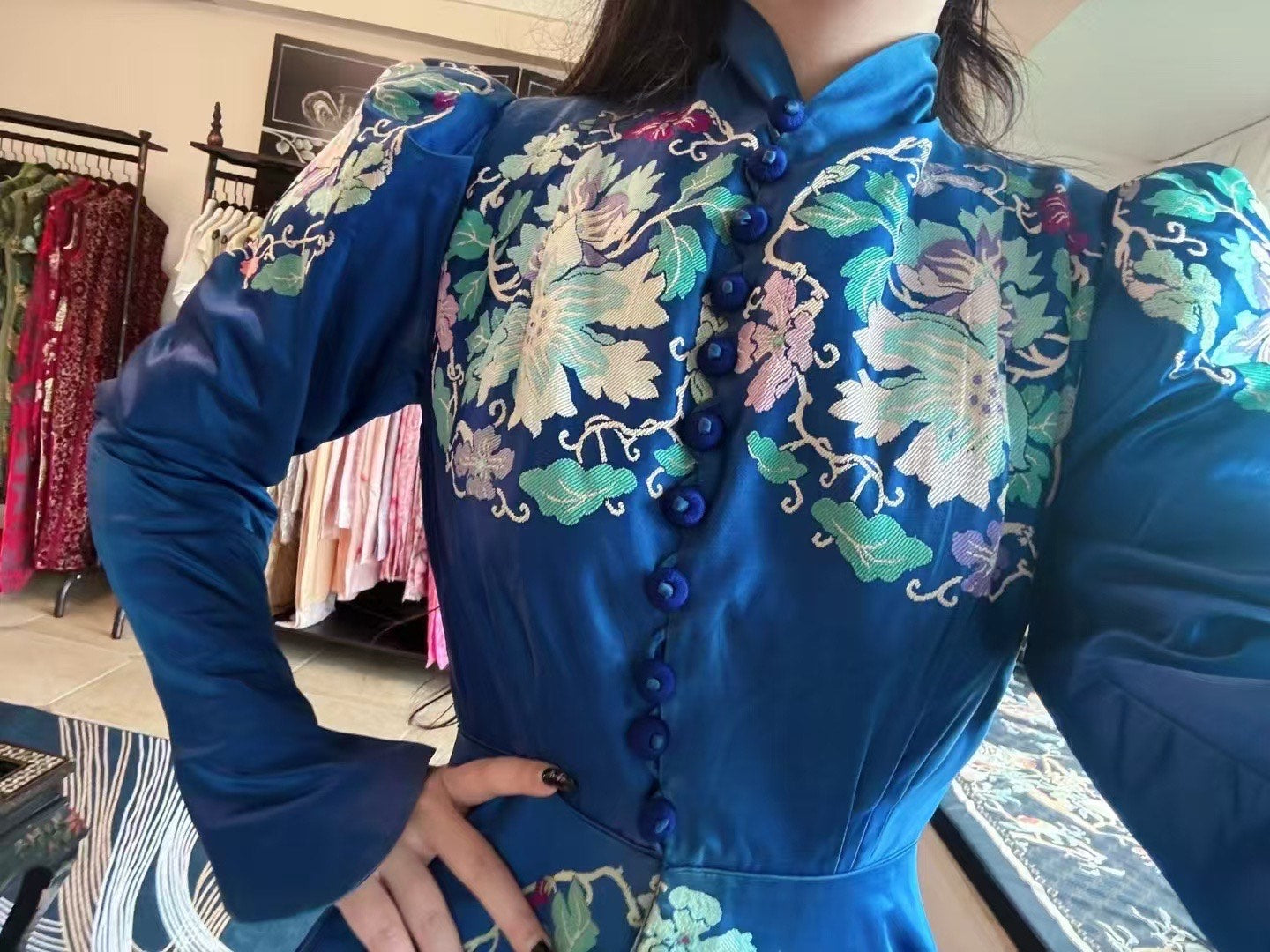 Vintage 长裙 - 👑 宝蓝回溯：清代典藏面料30s羊腿袖复古宫廷长礼服 | Vintage Maxi Dress - "Royal Blue Retrospect": Qing Dynasty Archival Fabric 30s Leg-of-Mutton Sleeve Vintage Court Long Gown