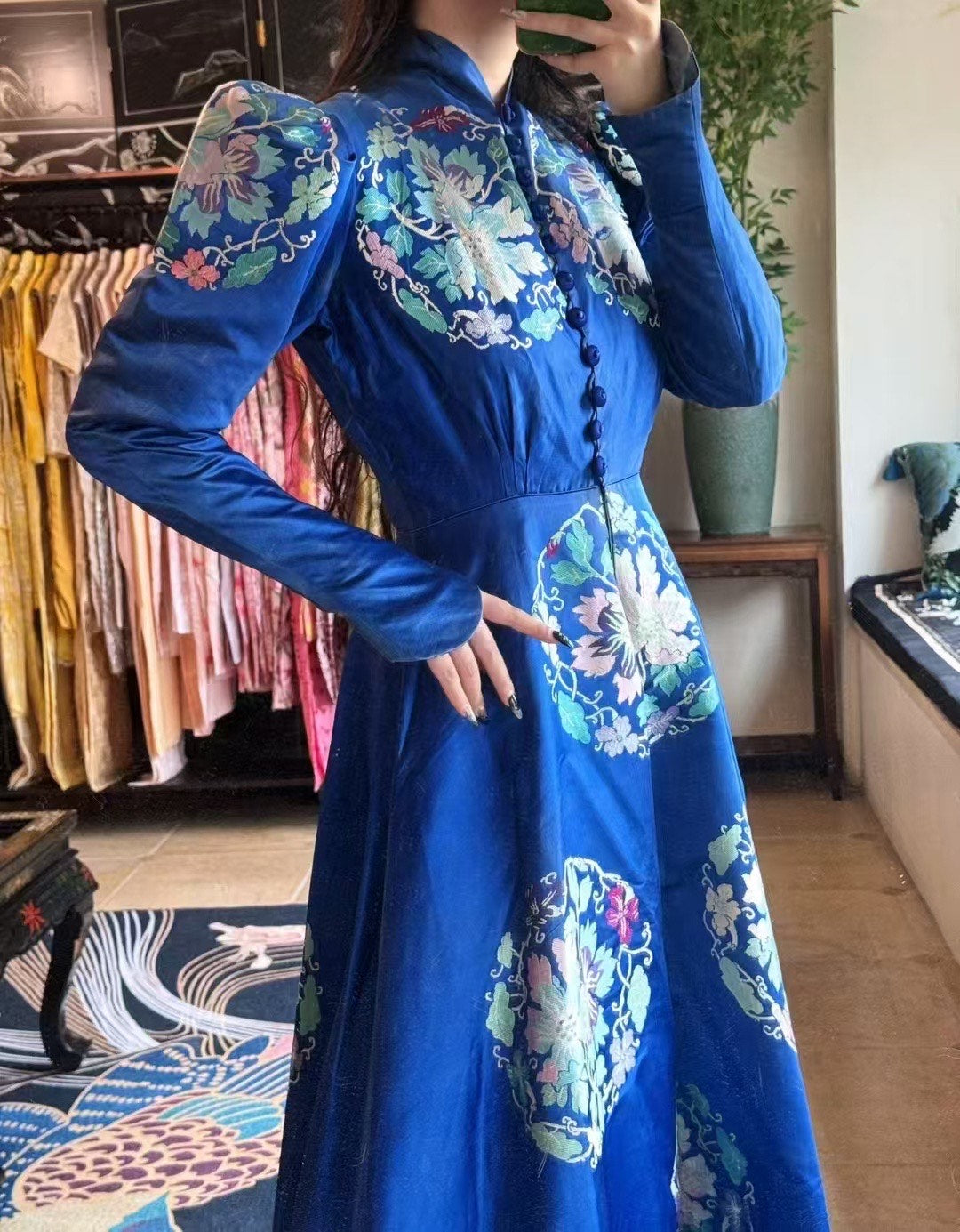 Vintage 长裙 - 👑 宝蓝回溯：清代典藏面料30s羊腿袖复古宫廷长礼服 | Vintage Maxi Dress - "Royal Blue Retrospect": Qing Dynasty Archival Fabric 30s Leg-of-Mutton Sleeve Vintage Court Long Gown
