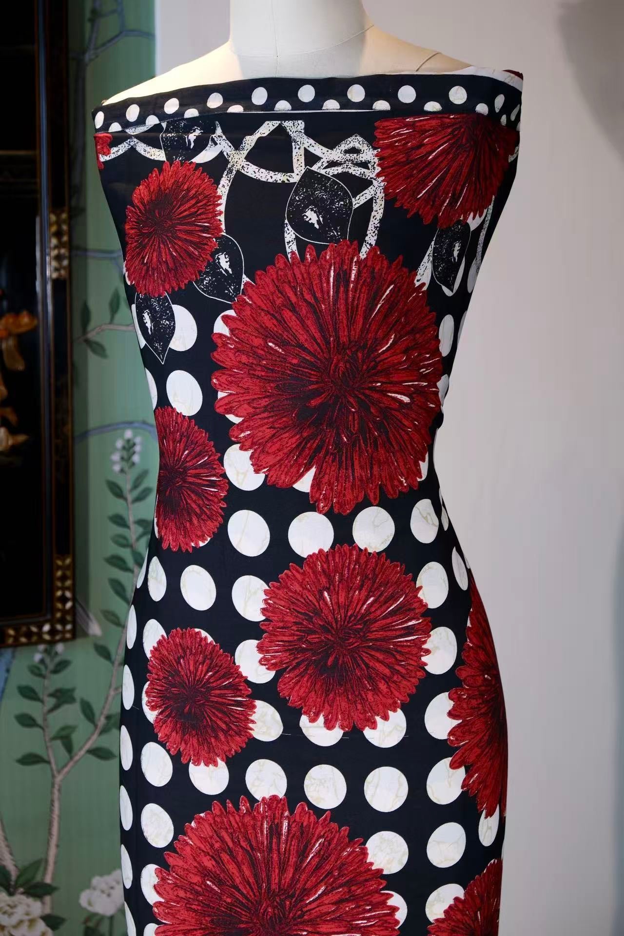 布料名 - “绯红波普之圆：六十年代幻影下的重瓣大丽花真丝艺术面料” | Fabric Name - "Scarlet Pop Circles: 1960s Visionary Dahlia & Polka Dot Artisan Silk Fabric"