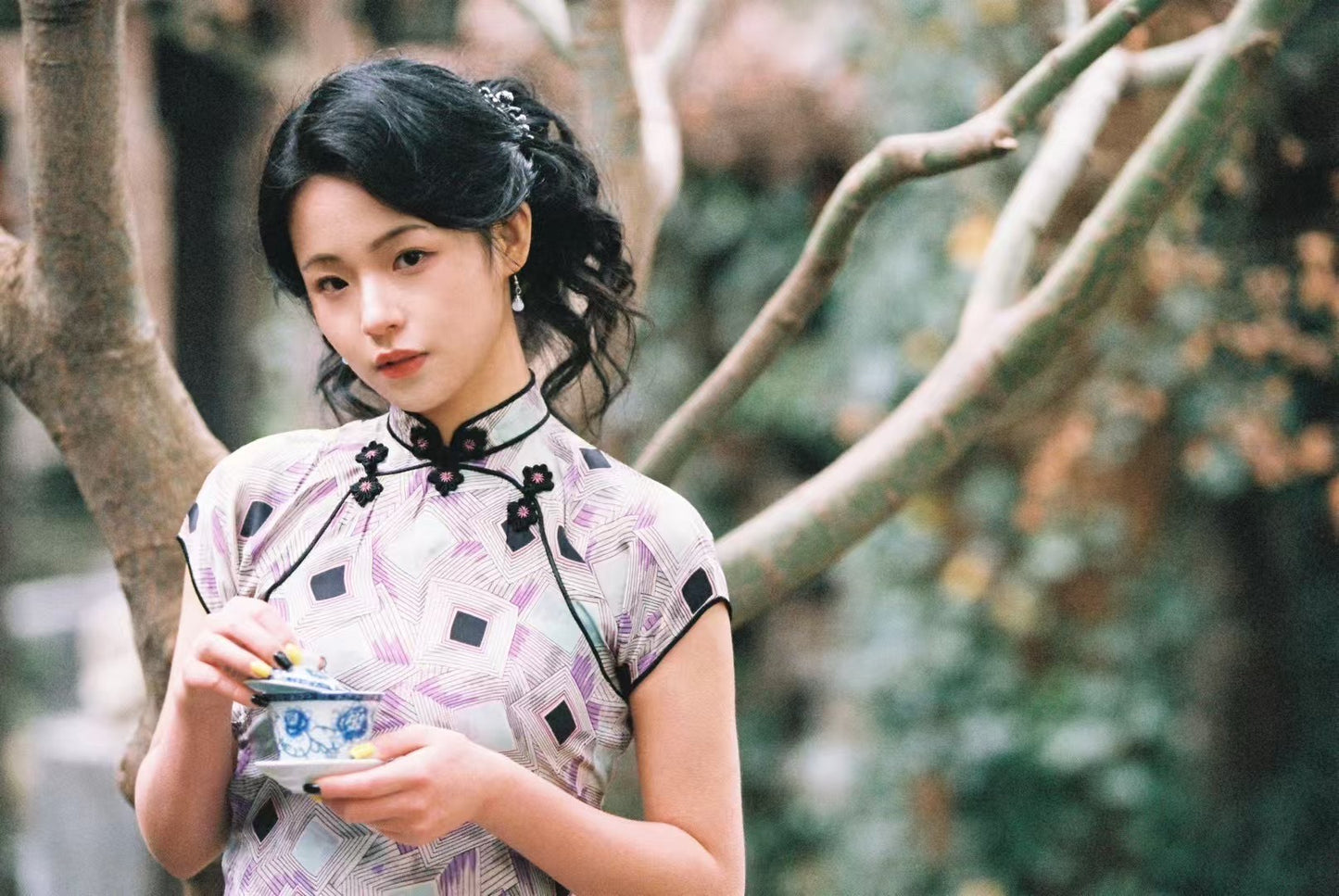 30年代 - ‘紫菱幻境’·民国摩登Art Deco几何印花双襟花扣古董短袖旗袍 / 1930s - ‘Violet Illusion’·Late 1930s Art Deco Geometric Print Double-Placket Floral-Button Antique Cap-Sleeve Qipao