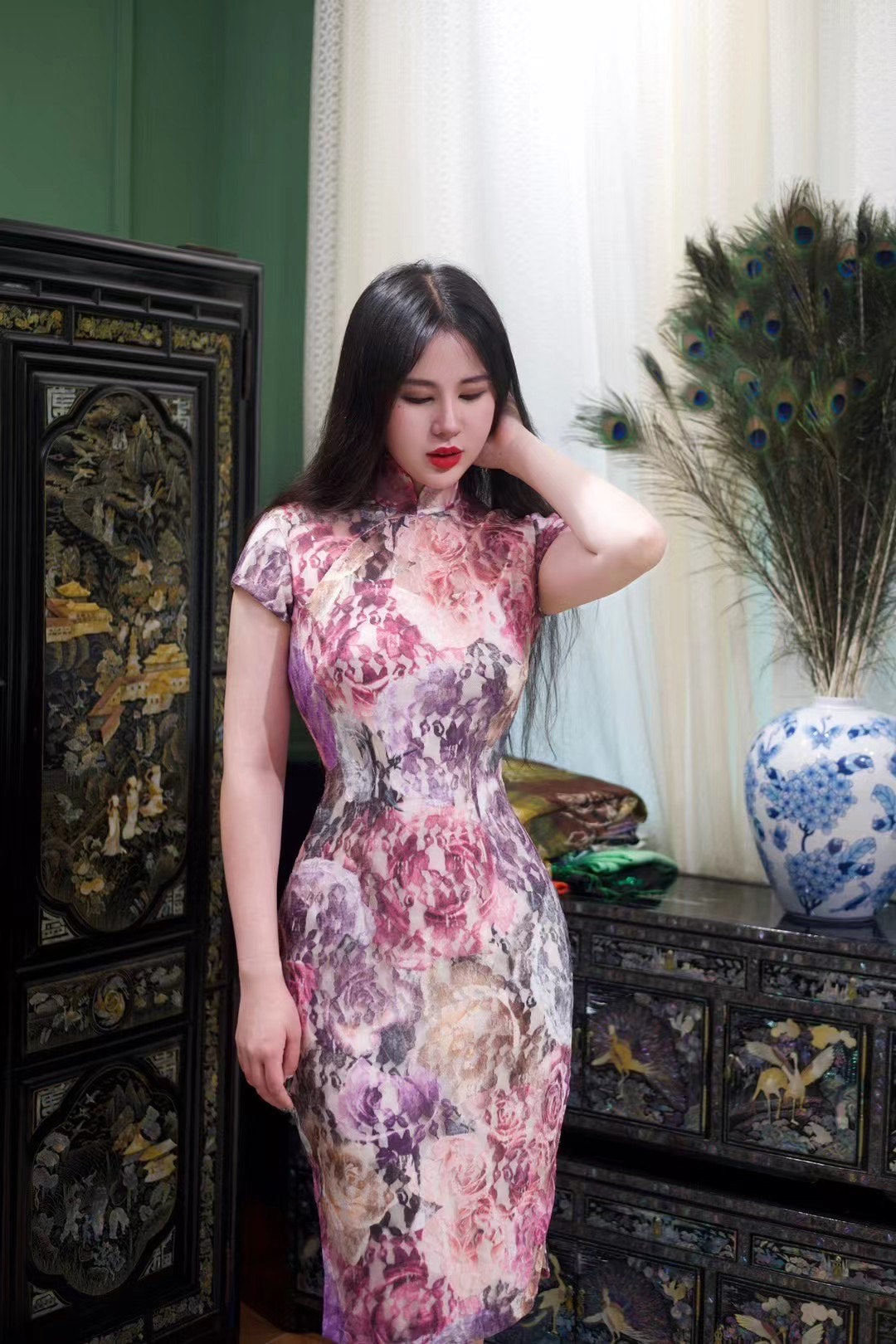 高定成衣 - Maxmara水墨染玫瑰蕾丝成衣 | Luxury Ready-to-Wear (RTW) - Maxmara Ink-Dyed Rose Lace Qipao