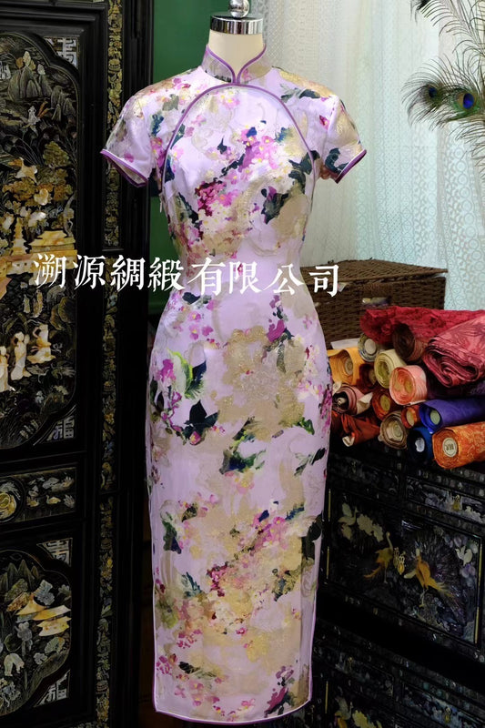 客定结缘 - 意大利Ruffo Coli · 莫奈花影织金真丝旗袍 | Customized Design - Italian Ruffo Coli · Monet Floral Shadow Woven Gold Silk Qipao