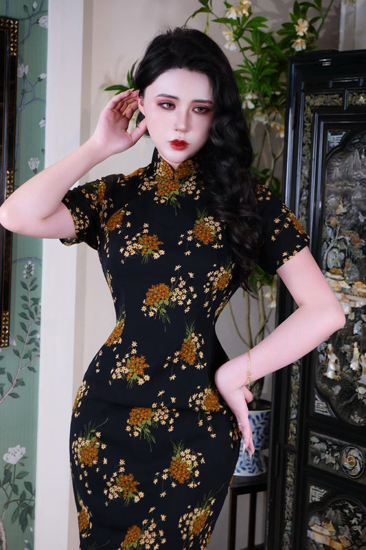 50年代 - 南洋旧梦：Vintage 50年代雏菊印花墨色棉质古董港工旗袍 / 1950s - The Malacca Memoir: Vintage 50s Dark Cotton Cheongsam with Daisy Print, Hong Kong Tailored