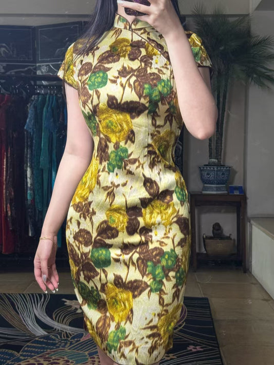 50年代 - 花樣年華・油畫玫瑰・磨毛絨真絲・五零年代線香绲古董旗袍 / 1950s - In the Mood for Love - Oil Painting Roses - Silk Flocked Velvet - 50s Antique Qipao with Fine Trim