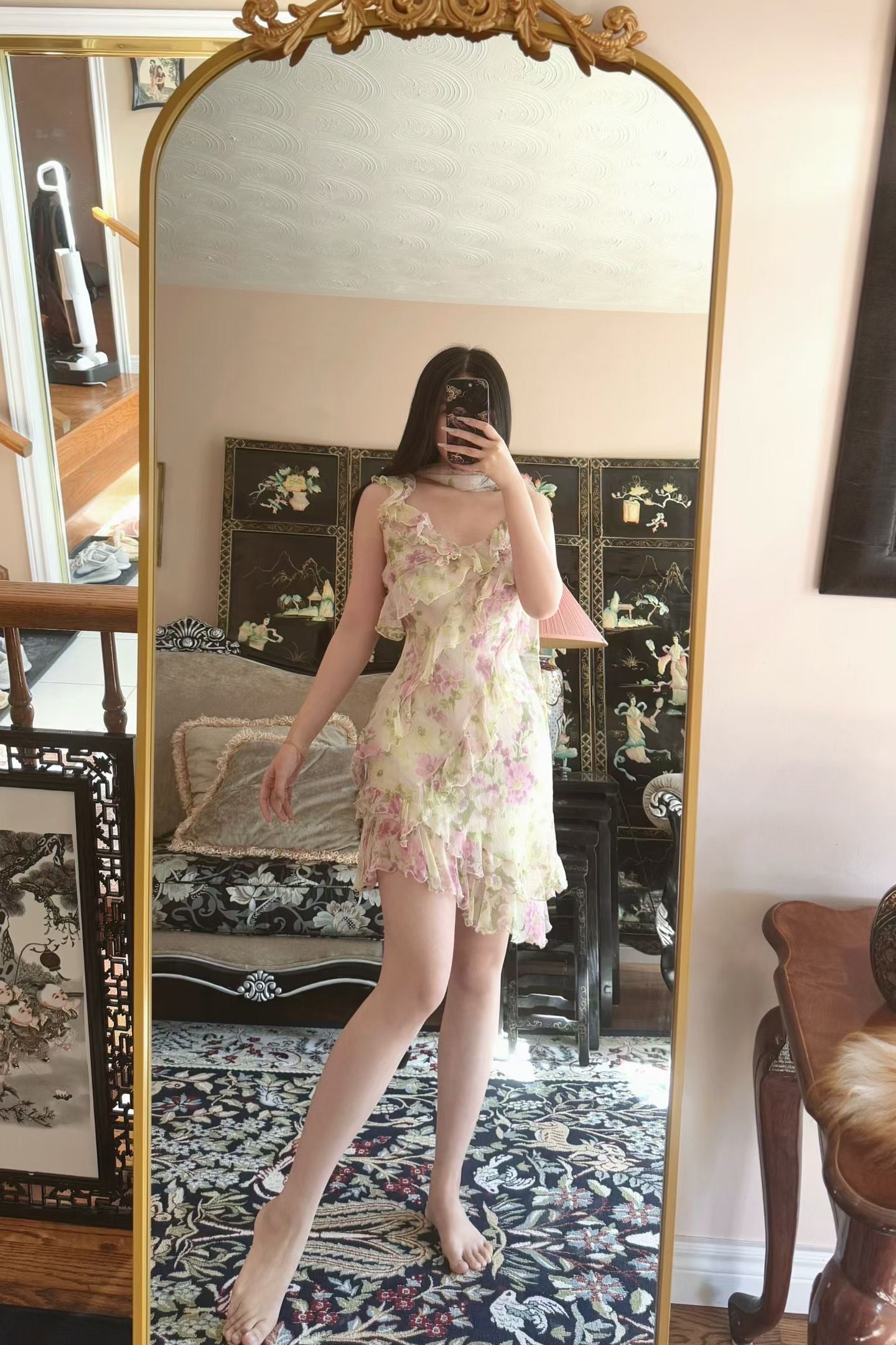 Vintage真丝礼服- 春日私语·法式复古碎花雪纺多层荷叶边吊带连衣裙配同色系飘带 / Vintage Silk Dress - Spring Whisper: French Retro Floral Chiffon Tiered Ruffle Cami Dress with Matching Scarf/Ribbon