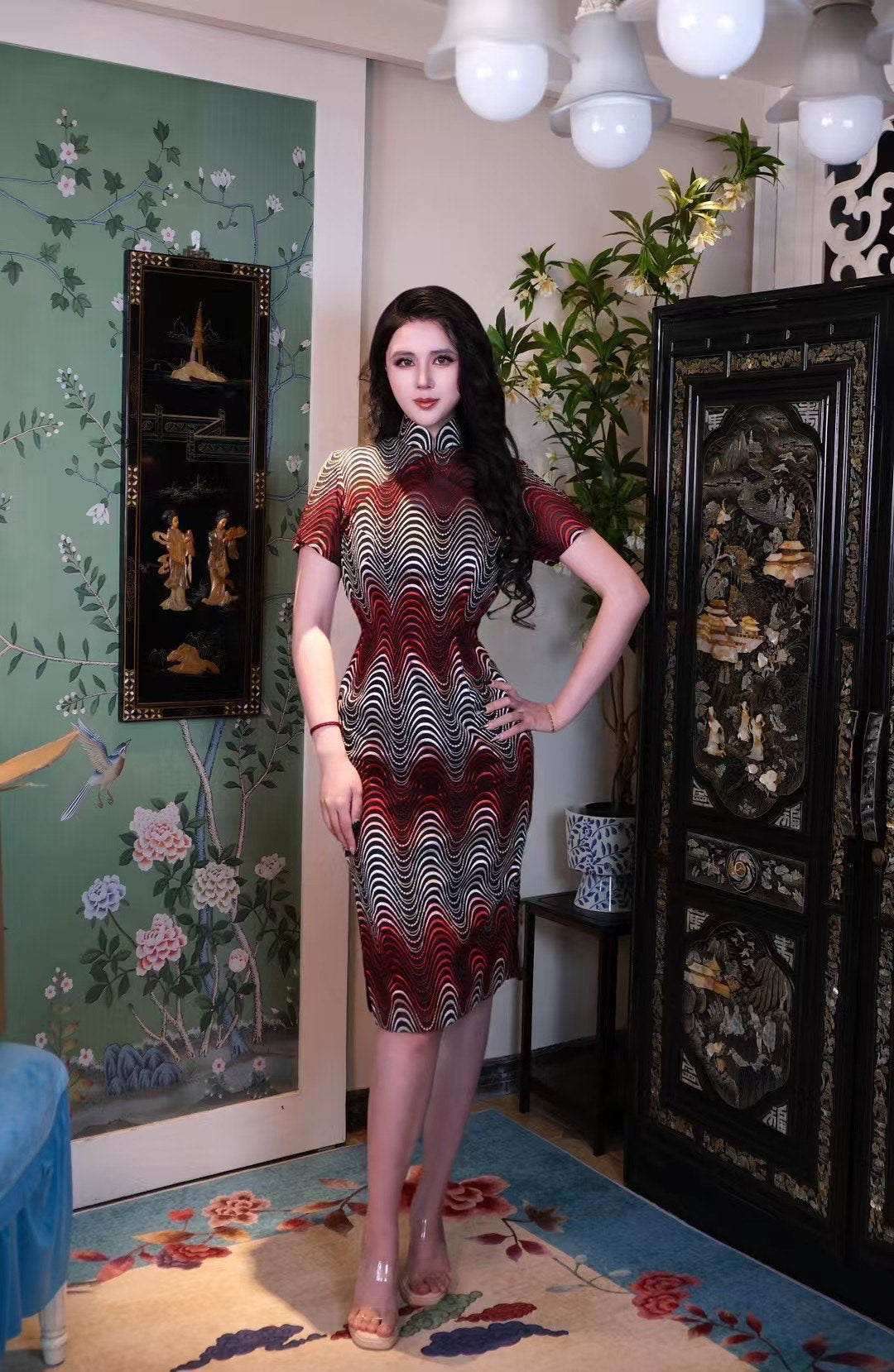 50年代 -「摩登心跳・魅影流蘇」：紅黑白抽象波紋藝術印花修身旗袍 | 1950s - "Modern Heartbeat・Phantom Tassel": Red, Black, and White Abstract Wave Pattern Art Print Slim-Fit Cheongsam (Qipao)