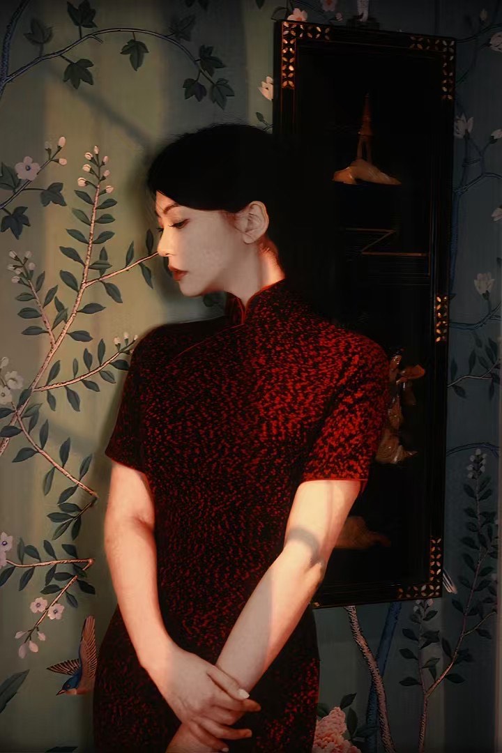50年代 - 酒红蔷薇•暗纹提花短袖修身中长旗袍 | 1950s - Crimson Rose: Jacquard Short-Sleeve Mid-Length Form-Fitting Cheongsam