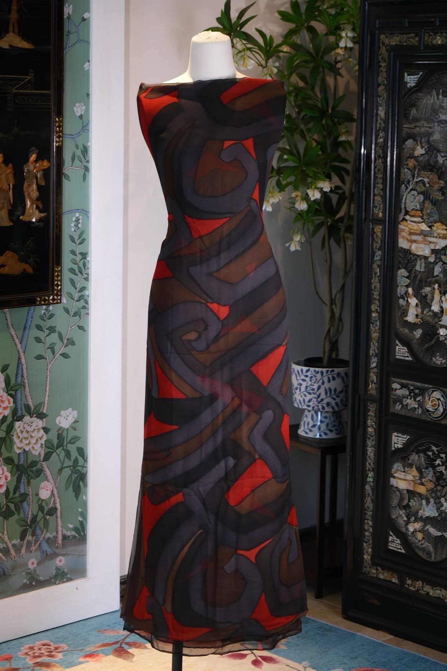 布料名 -【复古迷宫】摩登几何印花真丝乔其纱古董面料 | Fabric Name - 【Vintage Labyrinth】Mod Geometric Print Silk Georgette Antique Fabric