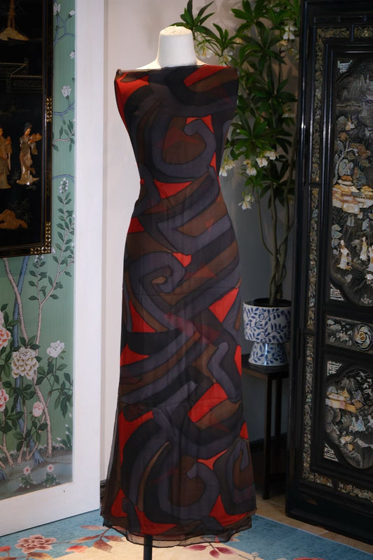 布料名 -【复古迷宫】摩登几何印花真丝乔其纱古董面料 | Fabric Name - 【Vintage Labyrinth】Mod Geometric Print Silk Georgette Antique Fabric