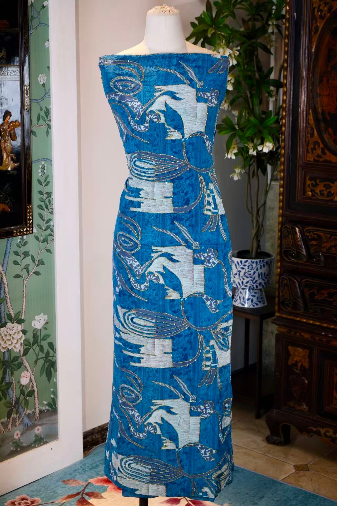 布料名 - 《莫奈幽径：孔雀绿底重工桑蚕丝——油彩繁花艺术面料》 | Fabric Name - Monet’s Hidden Path: Peacock Green Mulberry Silk — Oil-Canvas Floral Artistic Fabric