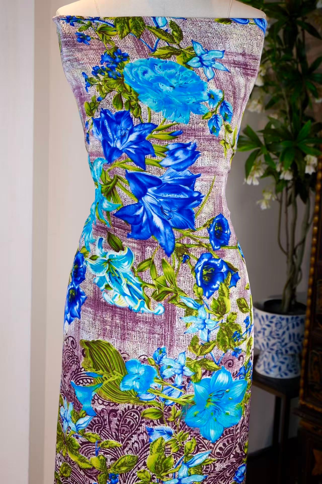 布料名 -《蓝调幽谷·墨染繁花》—— 100% 重磅真丝印花绸 | Fabric Name - “Azure Valley & Ink Bloom” – Premium Mulberry Silk Habotai