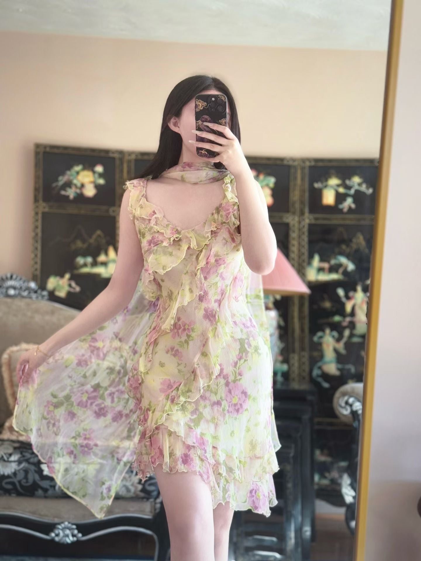 Vintage真丝礼服- 春日私语·法式复古碎花雪纺多层荷叶边吊带连衣裙配同色系飘带 / Vintage Silk Dress - Spring Whisper: French Retro Floral Chiffon Tiered Ruffle Cami Dress with Matching Scarf/Ribbon