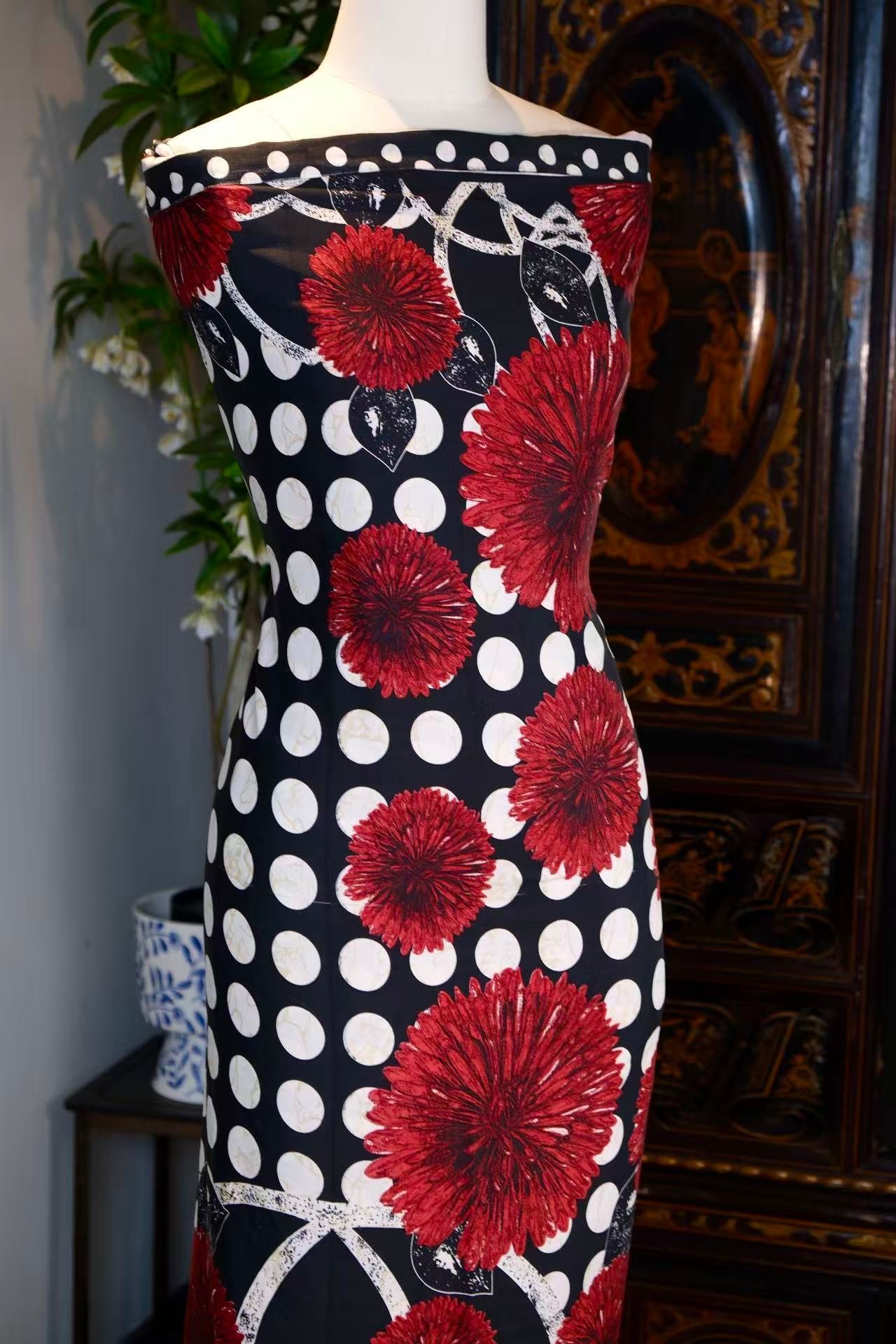 布料名 - “绯红波普之圆：六十年代幻影下的重瓣大丽花真丝艺术面料” | Fabric Name - "Scarlet Pop Circles: 1960s Visionary Dahlia & Polka Dot Artisan Silk Fabric"