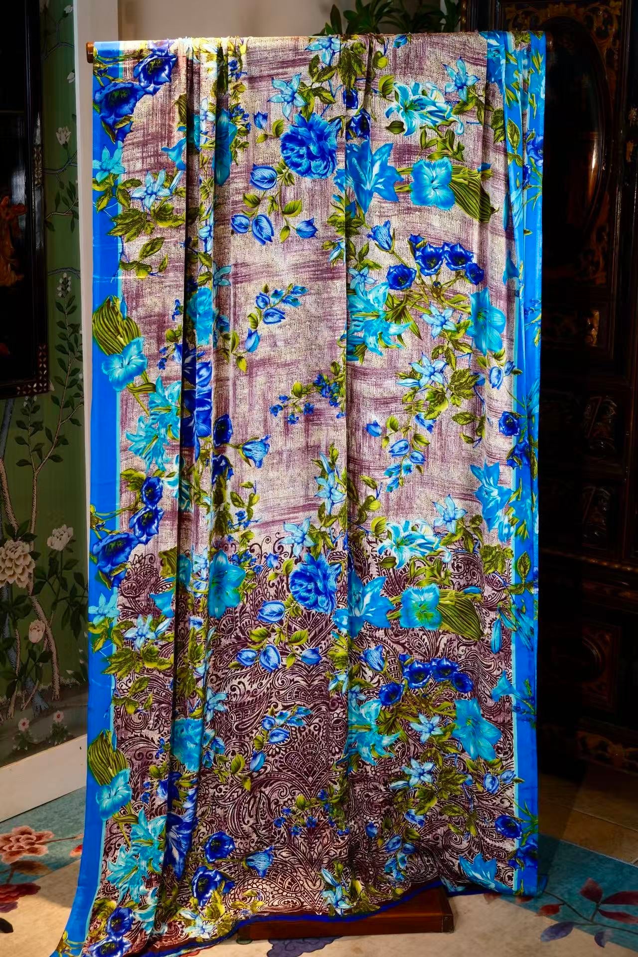 布料名 -《蓝调幽谷·墨染繁花》—— 100% 重磅真丝印花绸 | Fabric Name - “Azure Valley & Ink Bloom” – Premium Mulberry Silk Habotai