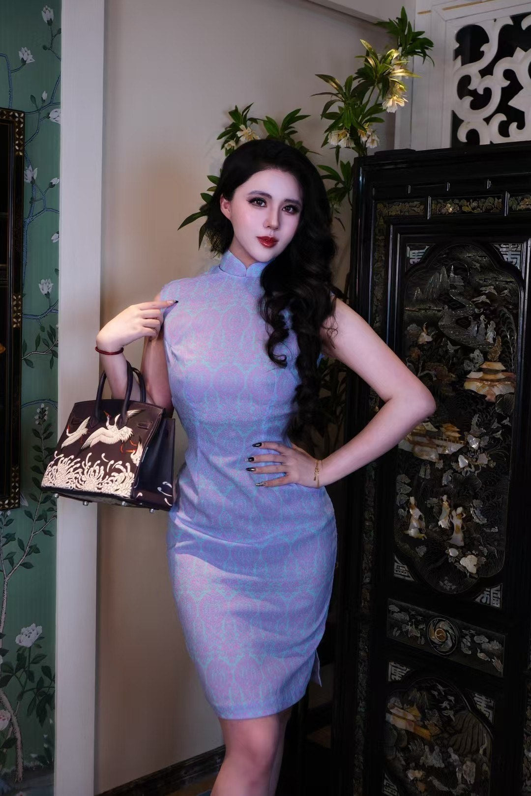 60年代 - 雪青波斯•六零年代古董港式无袖及膝修身旗袍 | 1960s - Lilac Persian: 1960s Vintage Hong Kong Style Sleeveless Knee-Length Cheongsam