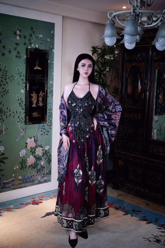 Vintage 复古奢华三件套 - 手工亮片吊带+扎染流苏长裙+卡什米尔羊毛外披 | Vintage Retro Luxury Three-Piece Set: Hand-Sequined Camisole + Tie-Dye Fringed Maxi Skirt + Cashmere Wool Wrap